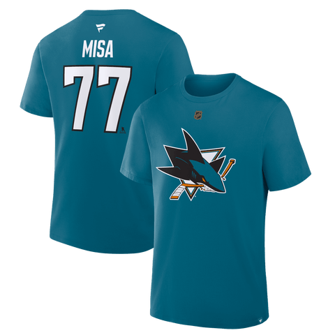 Men's Fanatics Michael Misa Teal San Jose Sharks Authentic Stack Name & Number T-Shirt