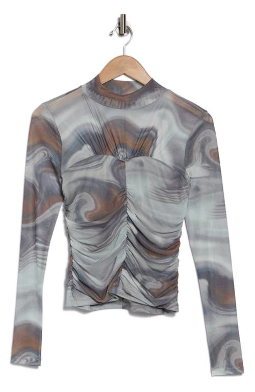 Noisy May Judith Ruched Mesh Top In Ghost Gray Aop Deser