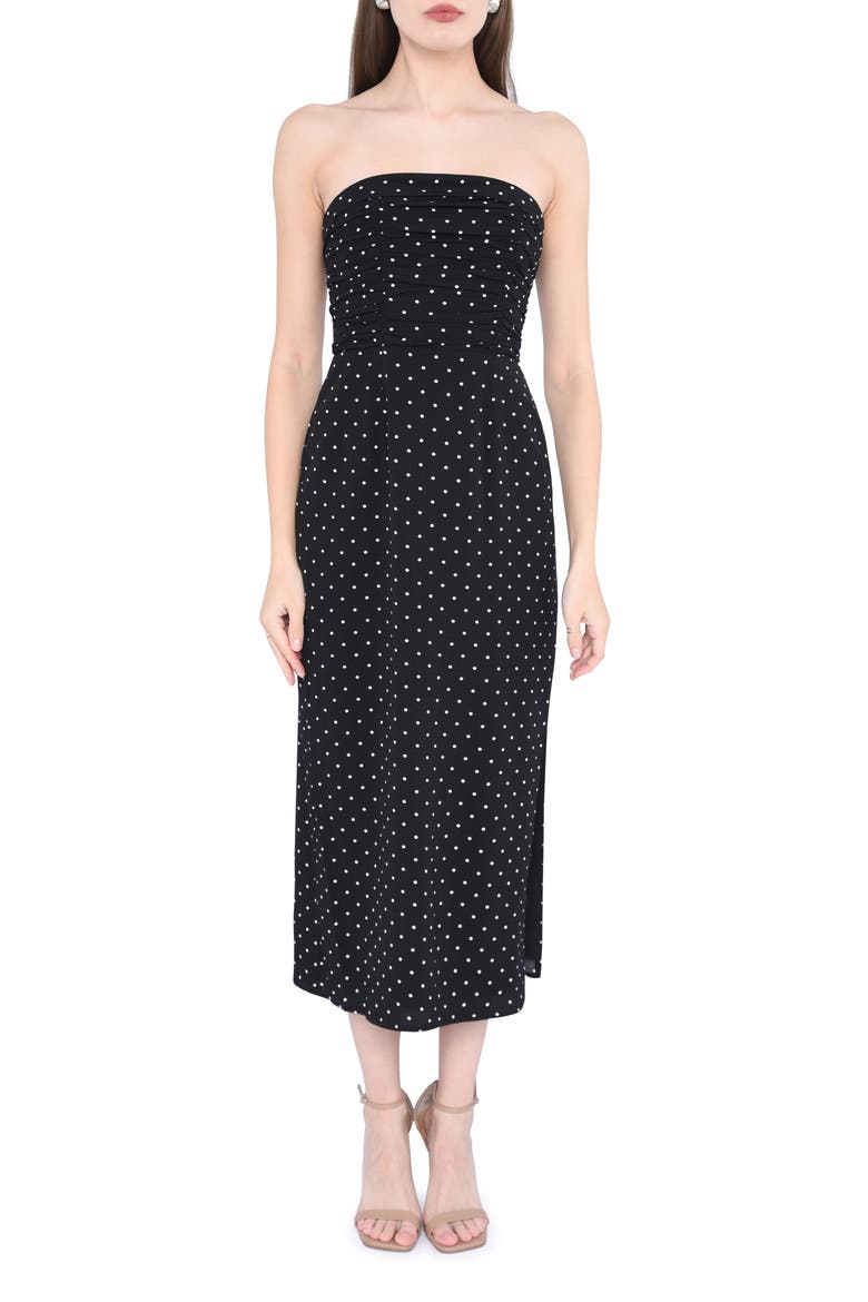 Birdie Ruched Strapless Midi Dress, Main, color, BLACK POLKA-DOT