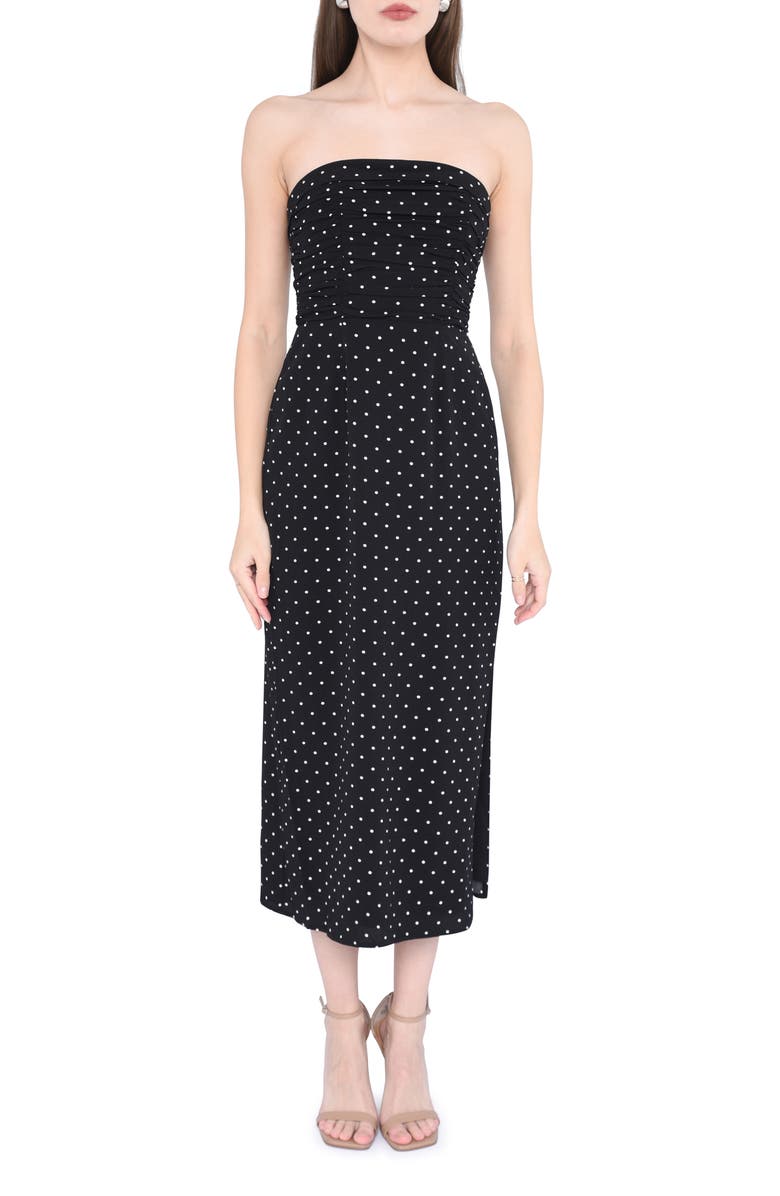 WAYF Birdie Ruched Strapless Midi Dress, Main, color, 