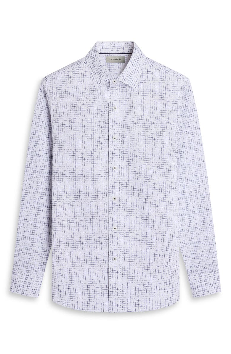 Bugatchi Axel Shaped Fit Crosshatch Print Cotton Button-Up Shirt, Alternate, color, Navy
