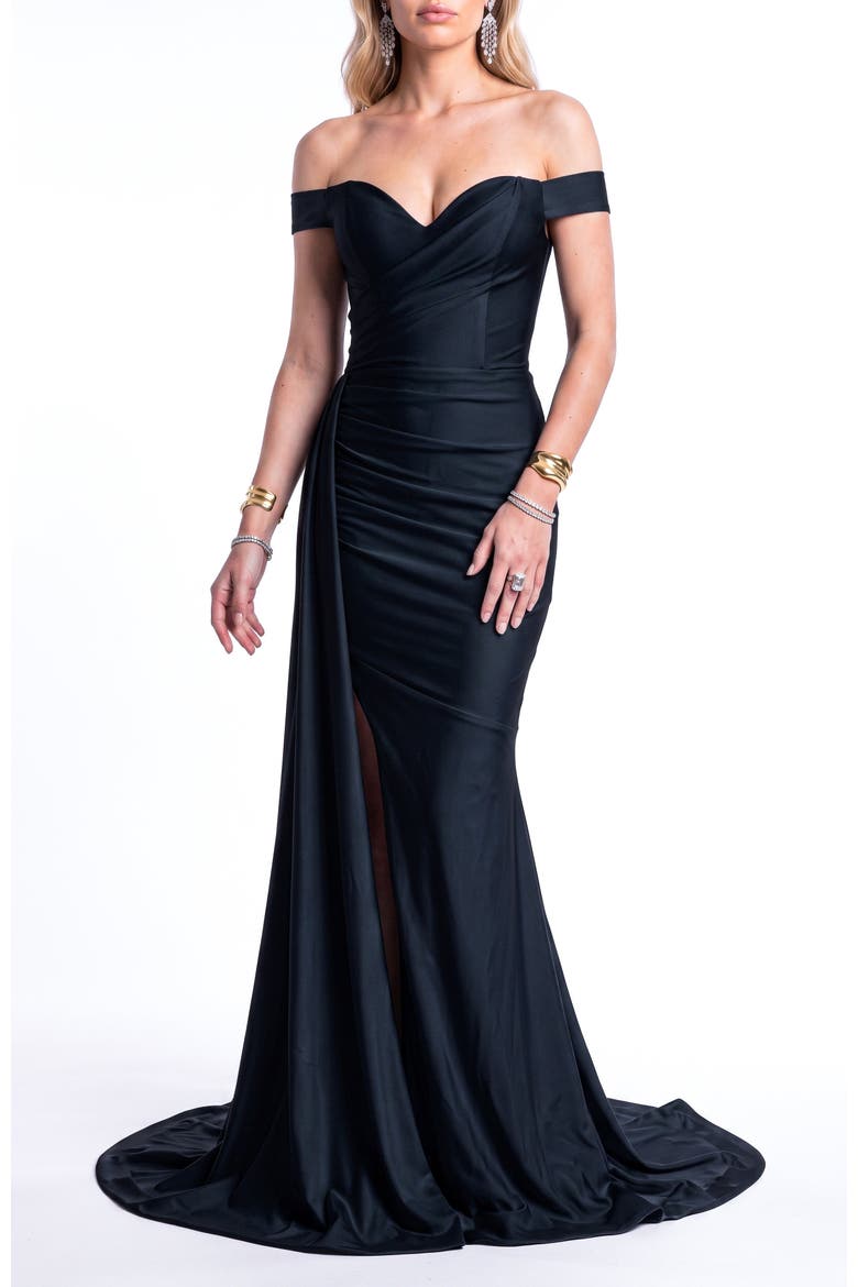 Off Shoulder Draped Side Slit Evening Gown, Main, color, Black