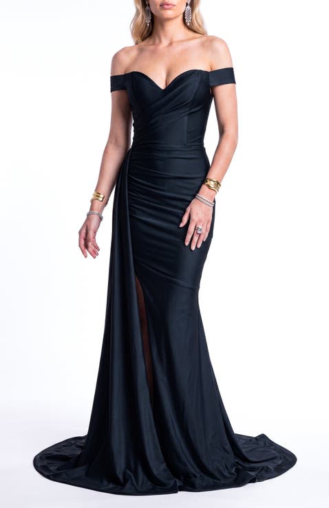 Off Shoulder Draped Side Slit Evening Gown
