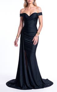 Jessica Angel Off Shoulder Draped Side Slit Evening Gown
