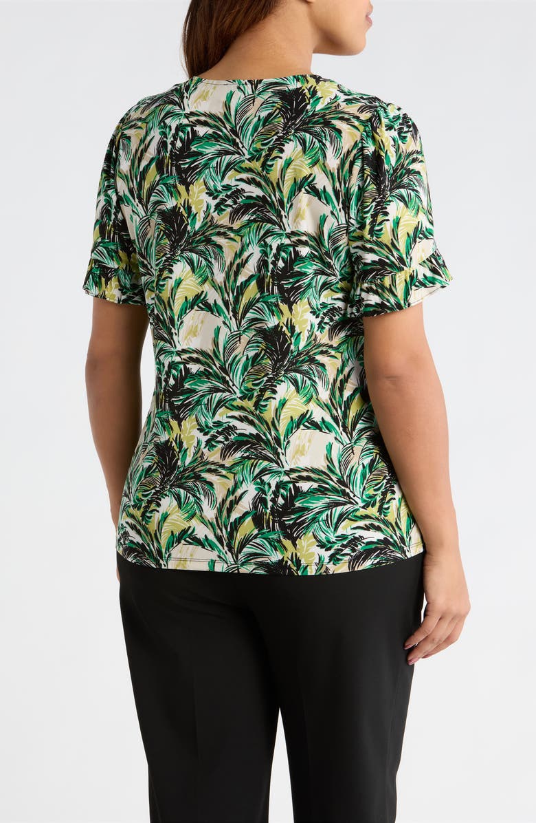 AK ANNE KLEIN Ruffle Accent Short Sleeve Button-Up Shirt, Alternate, color, Tropical Green Multi