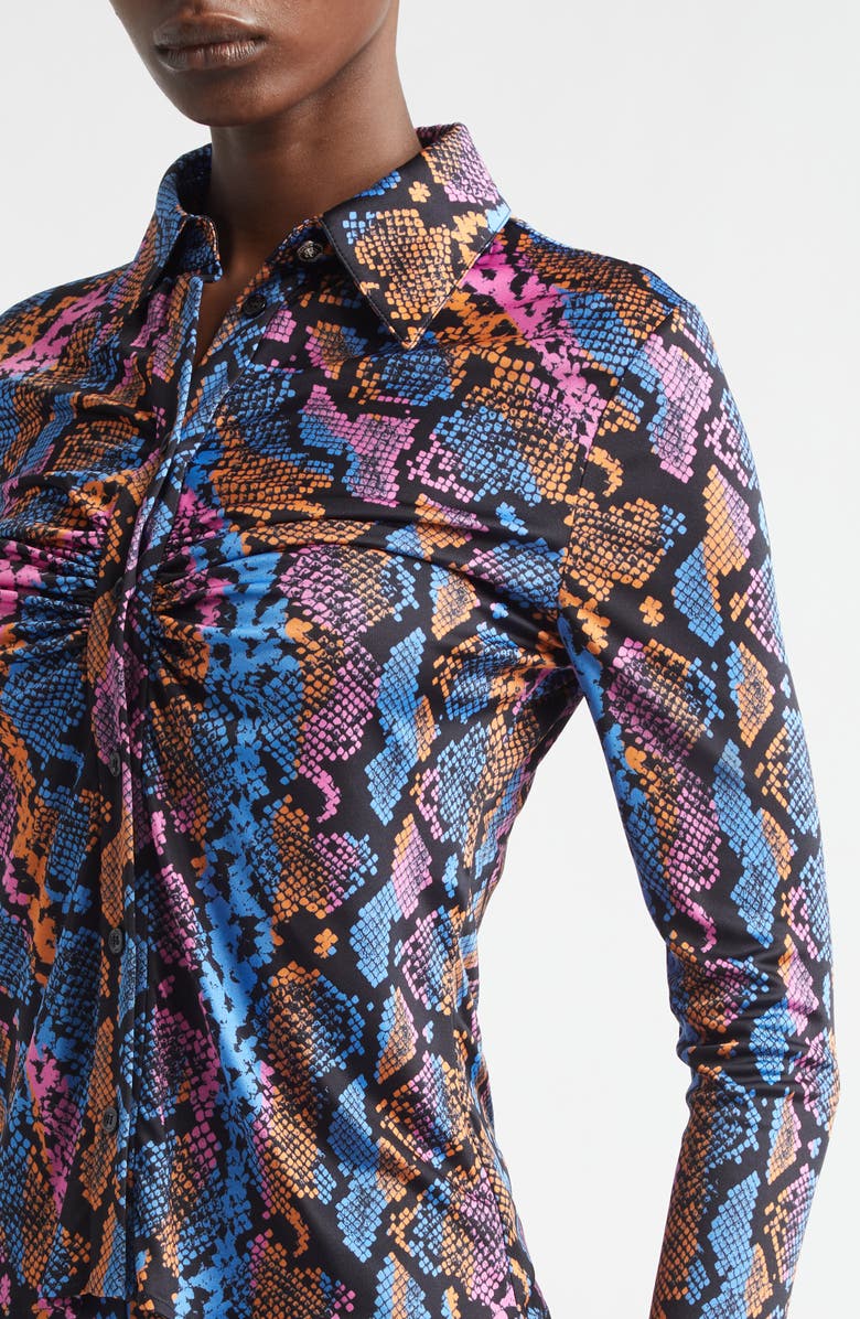Versace Python Print Liquid Jersey Button-Up Shirt, Alternate, color, Sky Pink Sapphire Spice