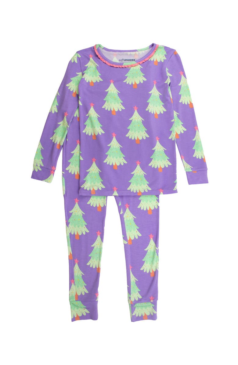 RuffleButts SoftSnooze Ruffle Long Sleeve Pajama Set, Signature Rear Ruffles, Main, color, Purple Twinkling Trees