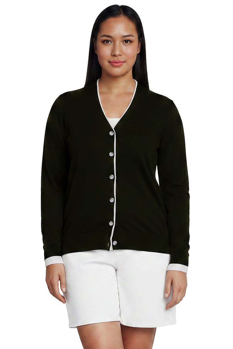 Plus Size Double Trim Cotton V-neck Cardigan Sweater, Main, color, Black/White
