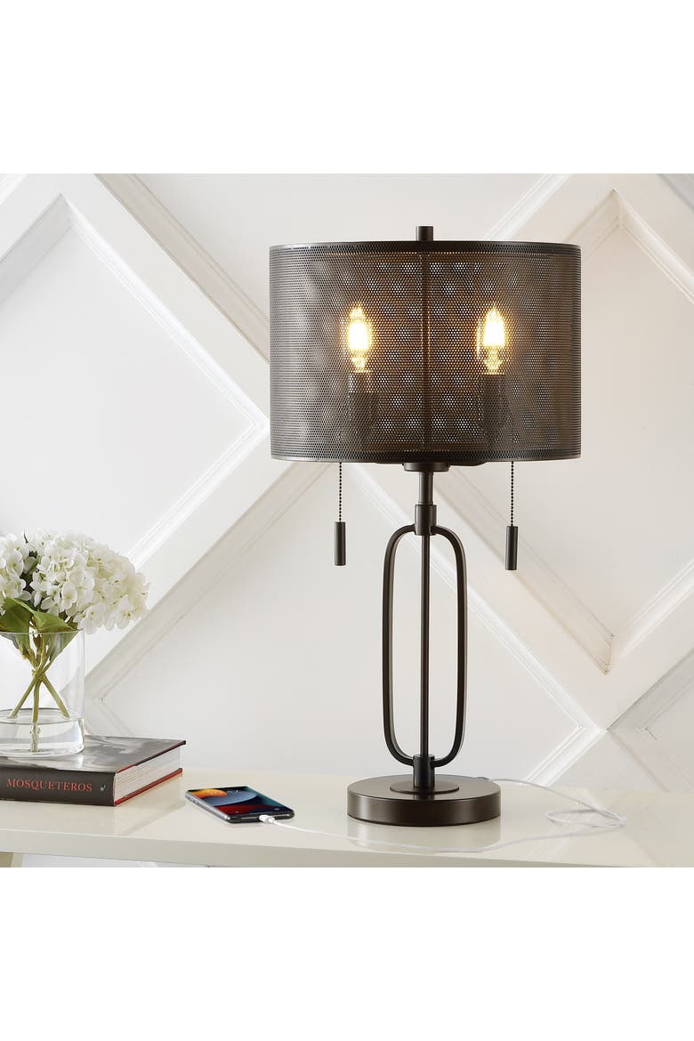 Hank 27" 2-Light Industrial Farmhouse Iron LED Table Lamp with USB Charging Port, Oil Rubbed Bronze, Alternate, color, Oil Rubbed Bronze