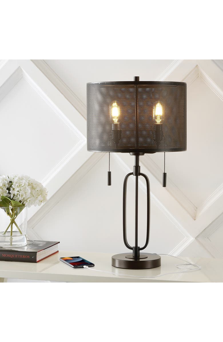 JONATHAN Y Hank 27" 2-Light Industrial Farmhouse Iron LED Table Lamp with USB Charging Port, Oil Rubbed Bronze, Alternate, color, Oil Rubbed Bronze