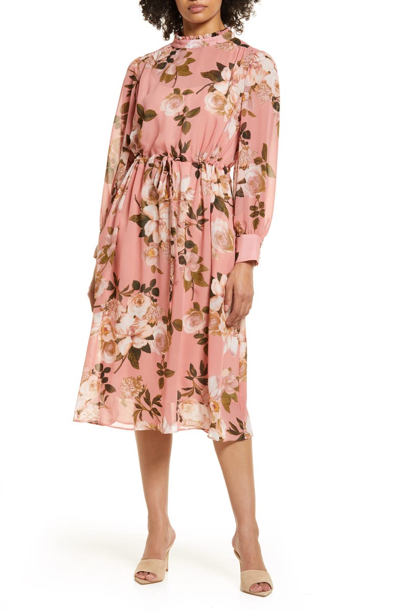 Julia Jordan Floral Print Long Sleeve Blouson Midi Dress, Main, color,