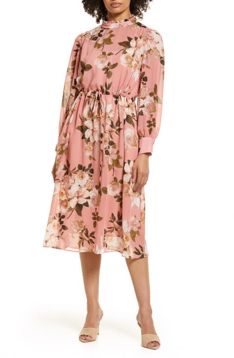 Floral Print Long Sleeve Blouson Midi Dress