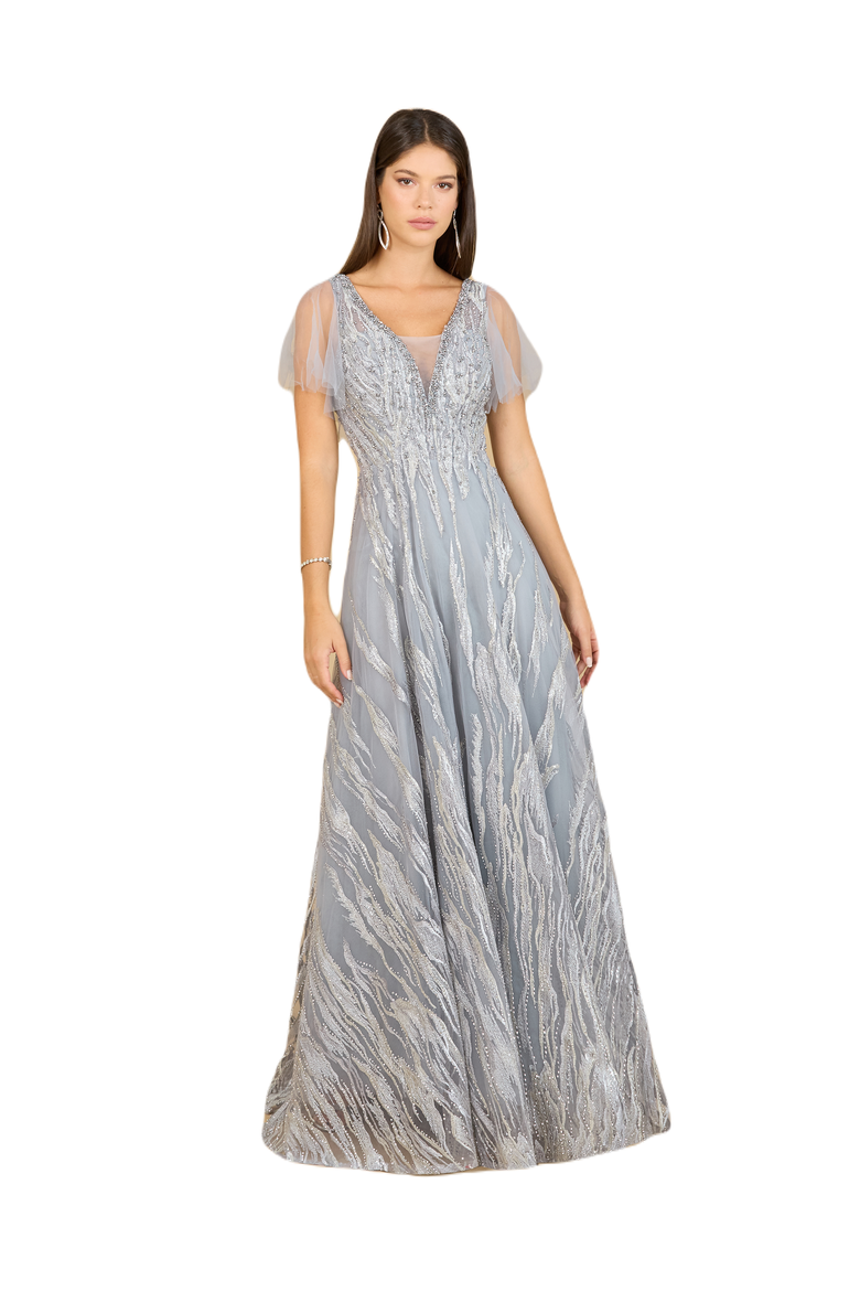 Cape Sleeve V-Neck Gown, Main, color, Slate
