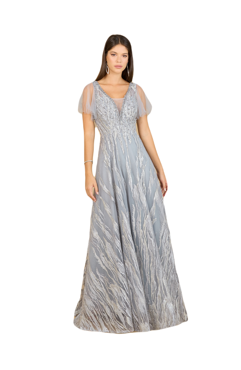 LARA New York Cape Sleeve V-Neck Gown, Main, color, Slate