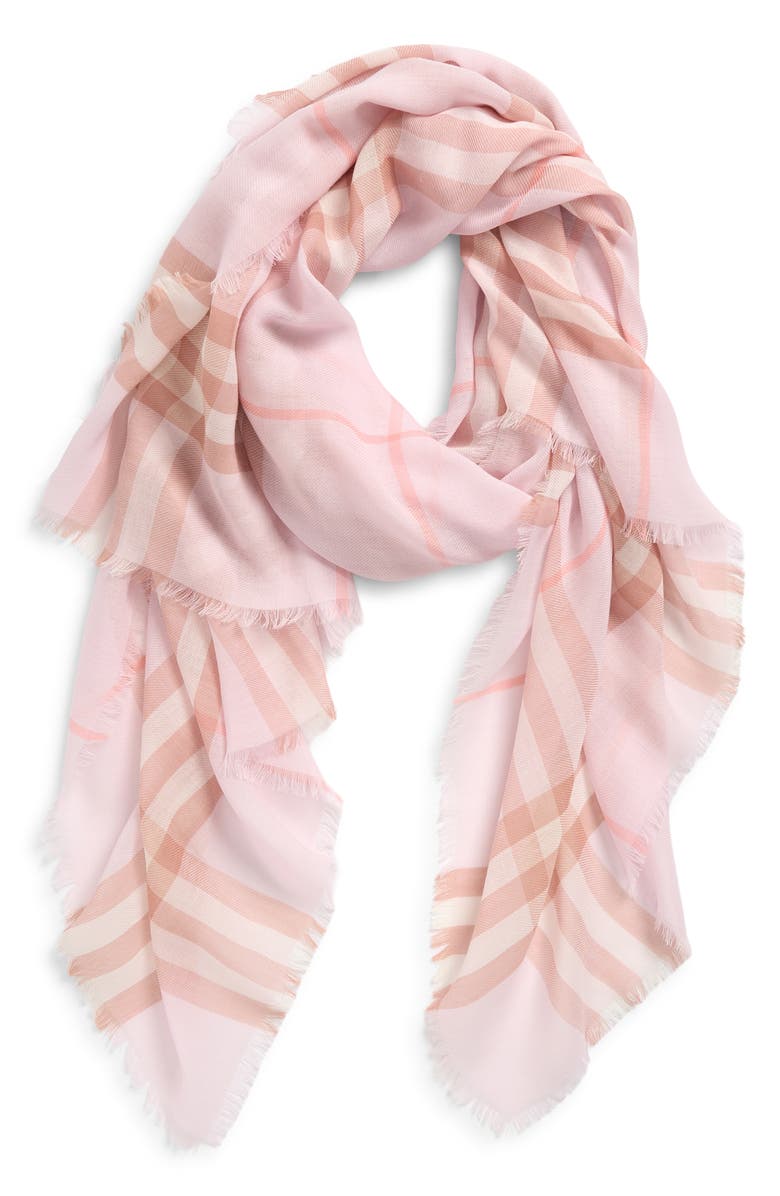 Burberry Giant Check Wool Gauze Fringe Scarf, Alternate, color, Quartz Pink