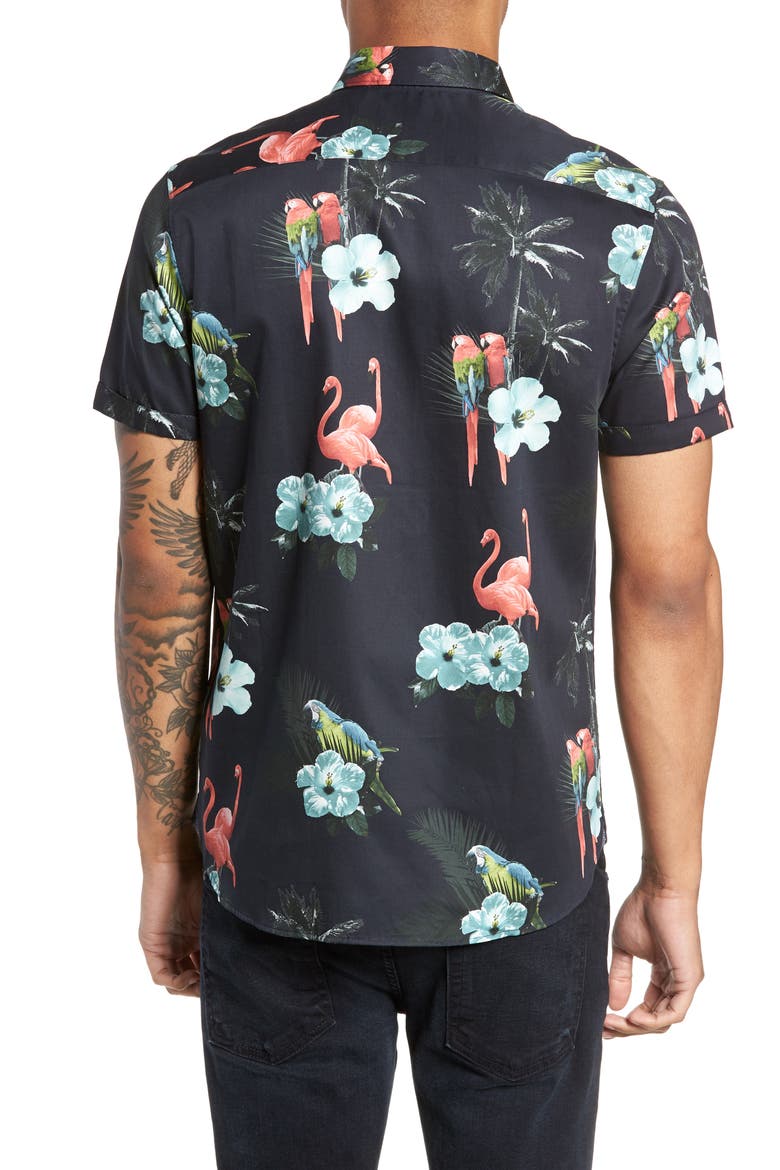Chela Slim Fit Tropical Print Sport Shirt, Alternate, color, NAVY
