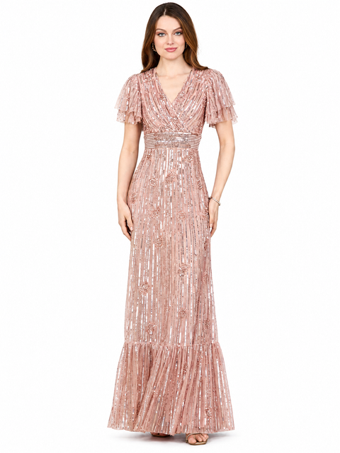 Elegant Beaded Gown with Flutter Sleeves