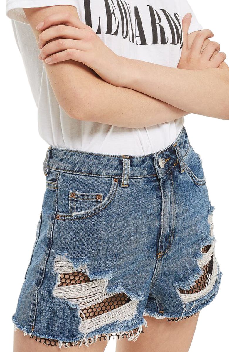Topshop Fishnet Rip Mom Shorts, Main, color, 