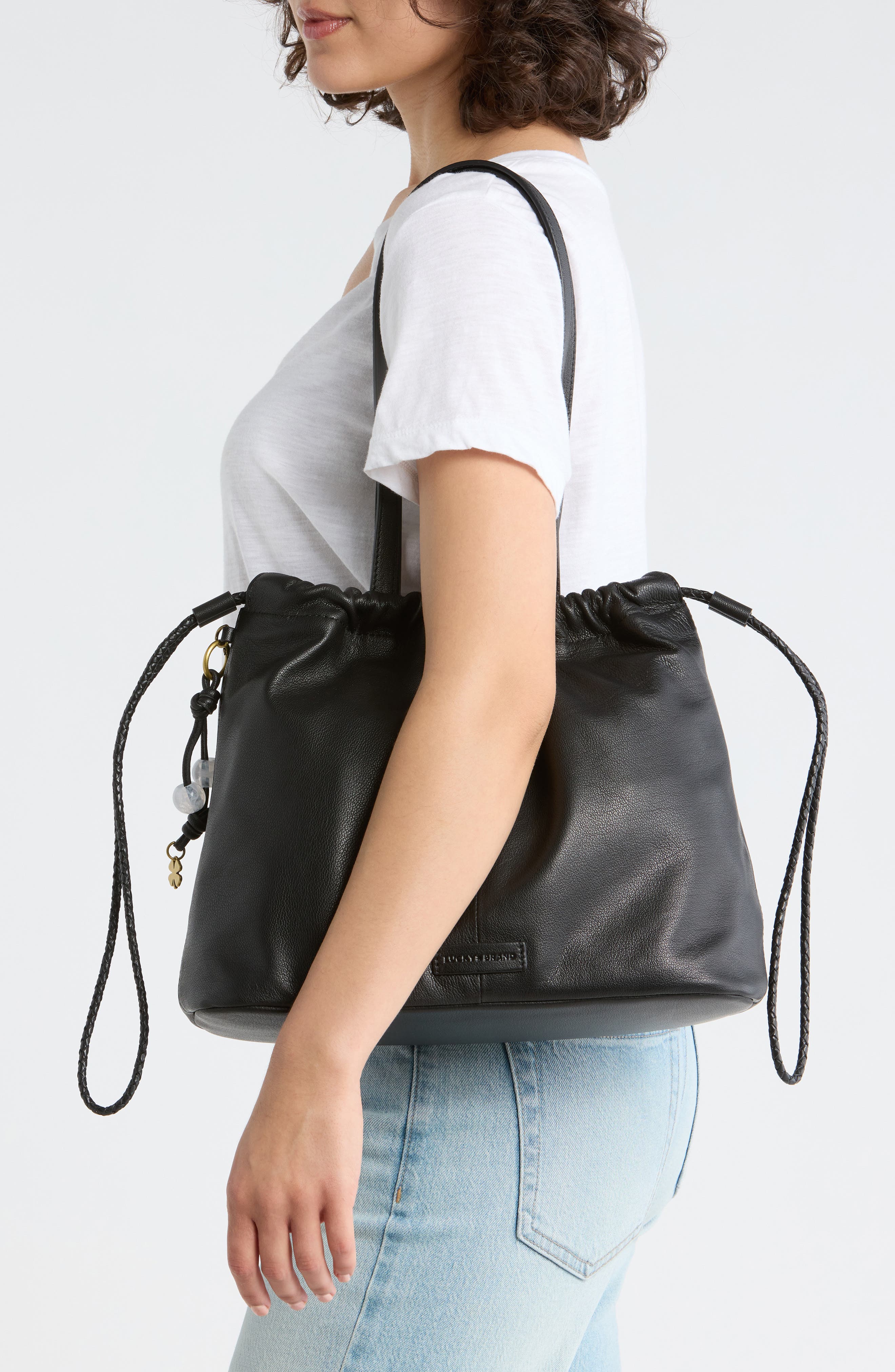 Lucky Brand Tily Leather Bucket Tote Bag, Alternate, color, Black Goat Ddm Le