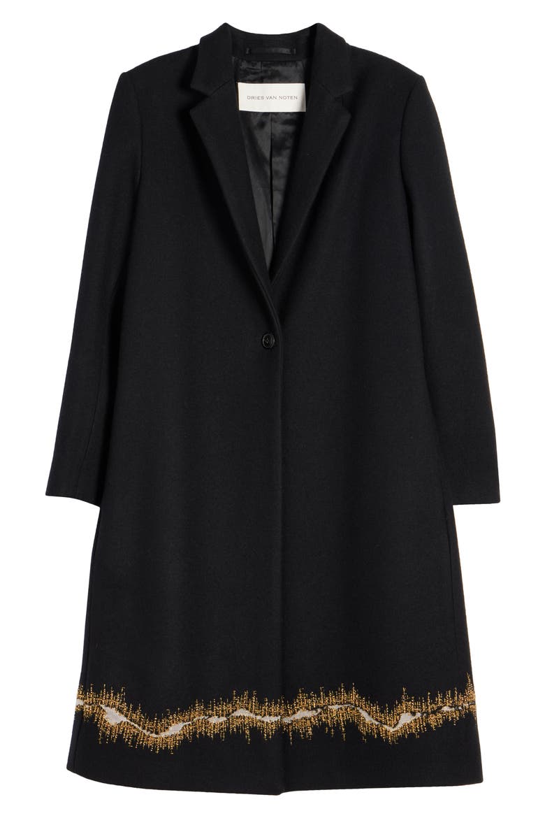 Richy Embroidered Hem Wool Flannel Coat, Alternate, color, BLACK
