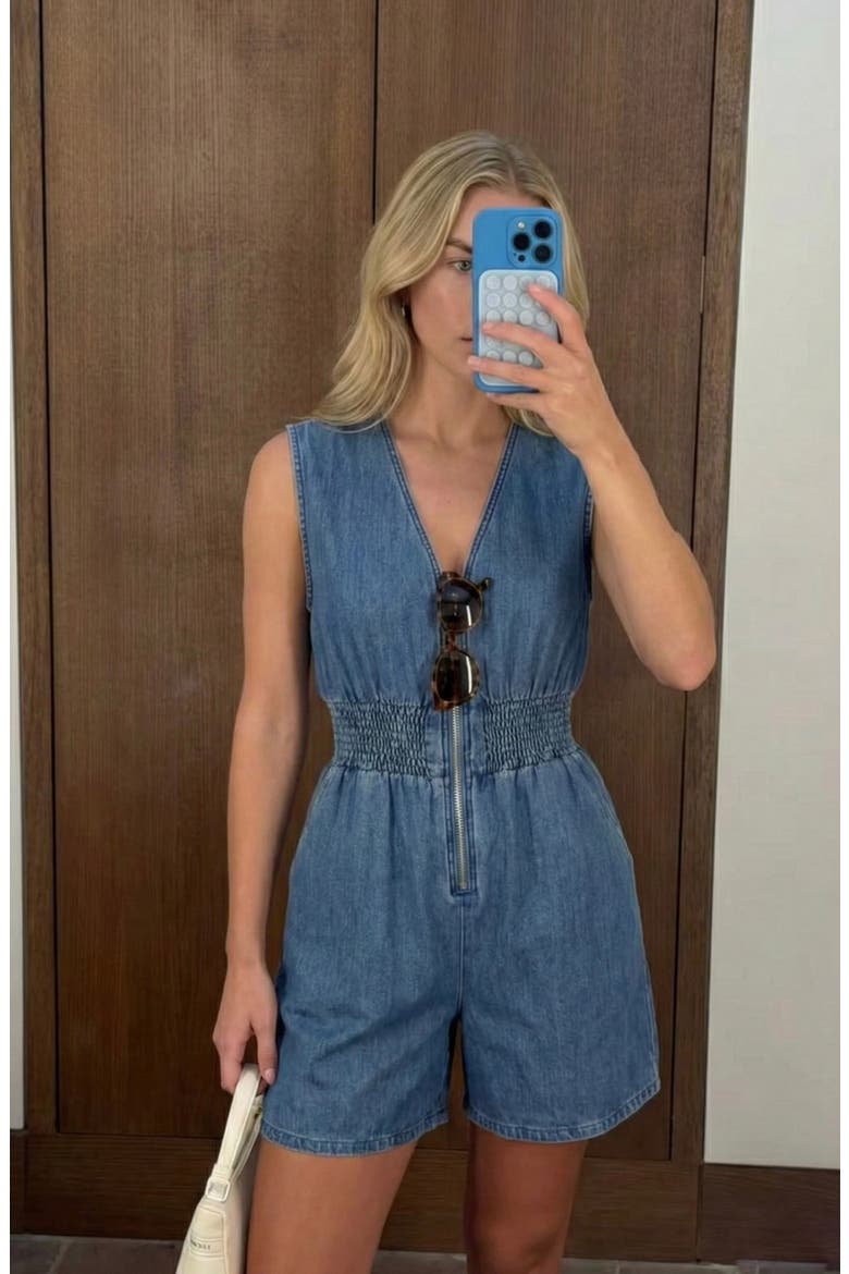 Denim Cap Sleeve Smocked Romper, Alternate, color, Medium Wash Blue