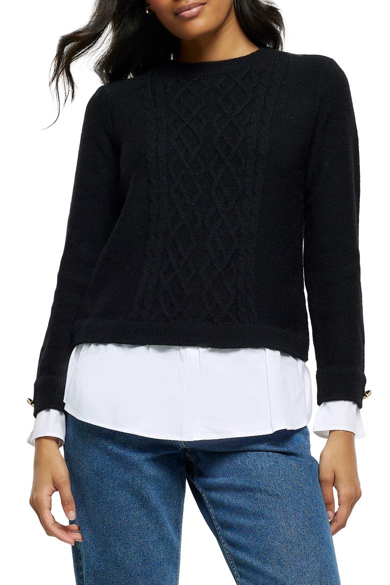 Layered Look Cable Knit Sweater, Main, color, BLACK