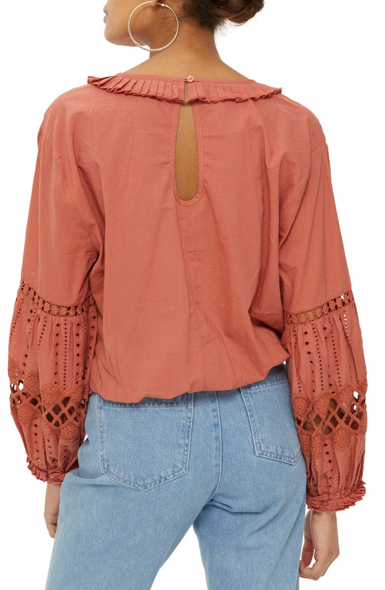 Topshop Cutwork Balloon Sleeve Blouse, Alternate, color, 