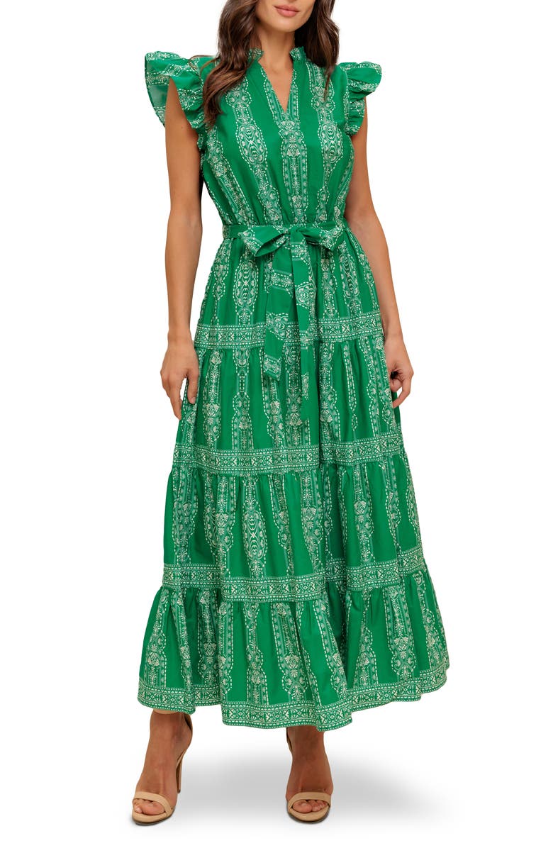 FLYING TOMATO Cap Sleeve Tiered Cotton Maxi Dress, Main, color, Green