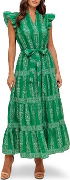 FLYING TOMATO Cap Sleeve Tiered Cotton Maxi Dress