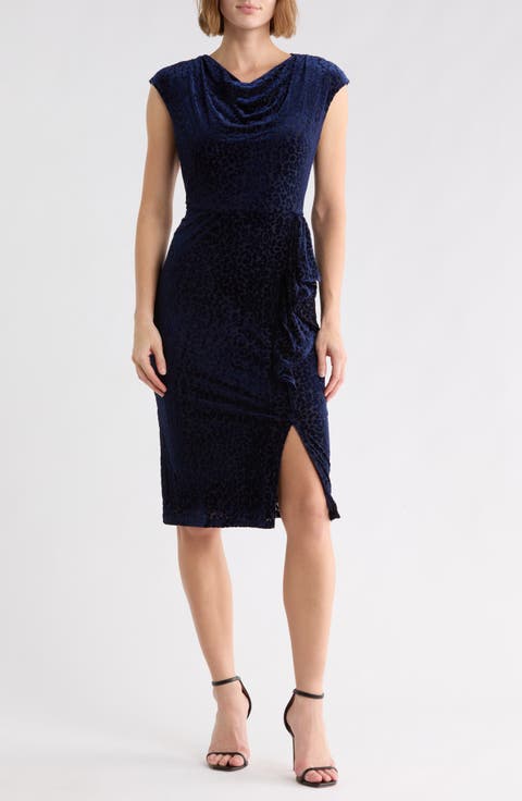 Velvet Burnout Cowl Neck Sheath Dress