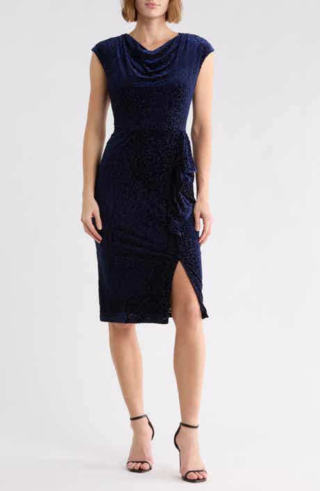 Velvet Burnout Cowl Neck Sheath Dress
