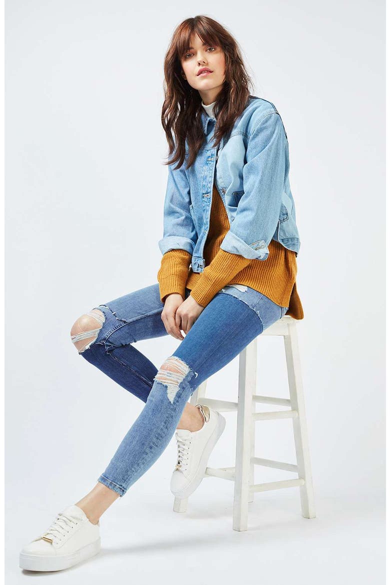 Moto Jamie Rip Panel Skinny Jeans, Alternate, color, MID DENIM