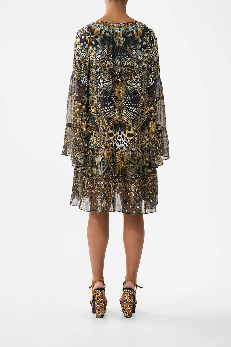 A-Line Gathered Panel Dress, Alternate, color, Feline Folklore