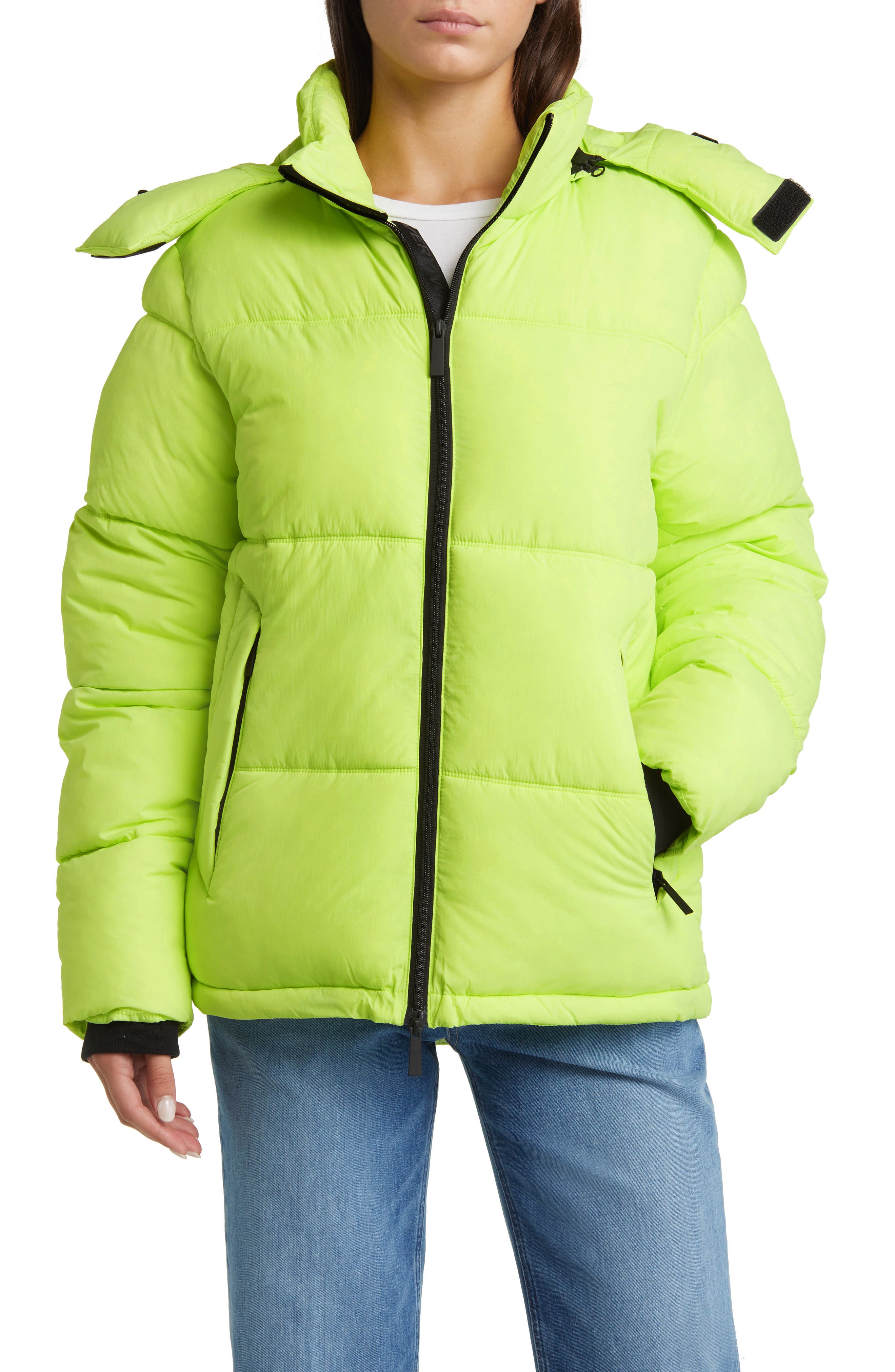 The Very Warm Hooded Water Resistant 500 Fill Power Down Recycled Nylon Puffer Jacket in Lime 
