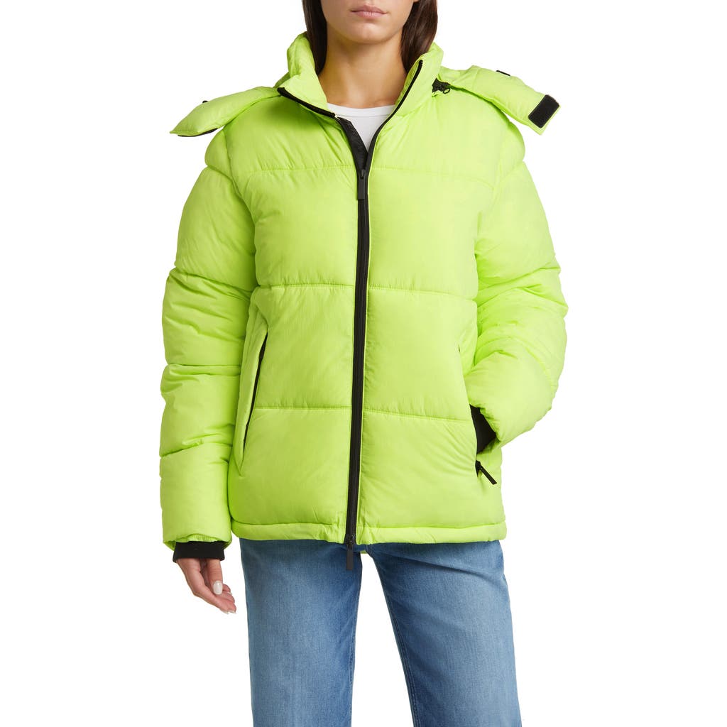 The Very Warm Hooded Water Resistant 500 Fill Power Down Recycled Nylon Puffer Jacket in Lime