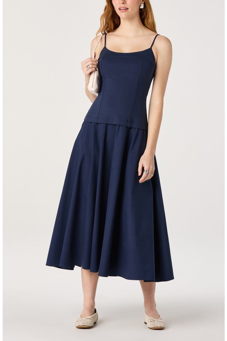 Cierra Mixed Media Fit & Flare Midi Dress, Alternate, color, NAVY