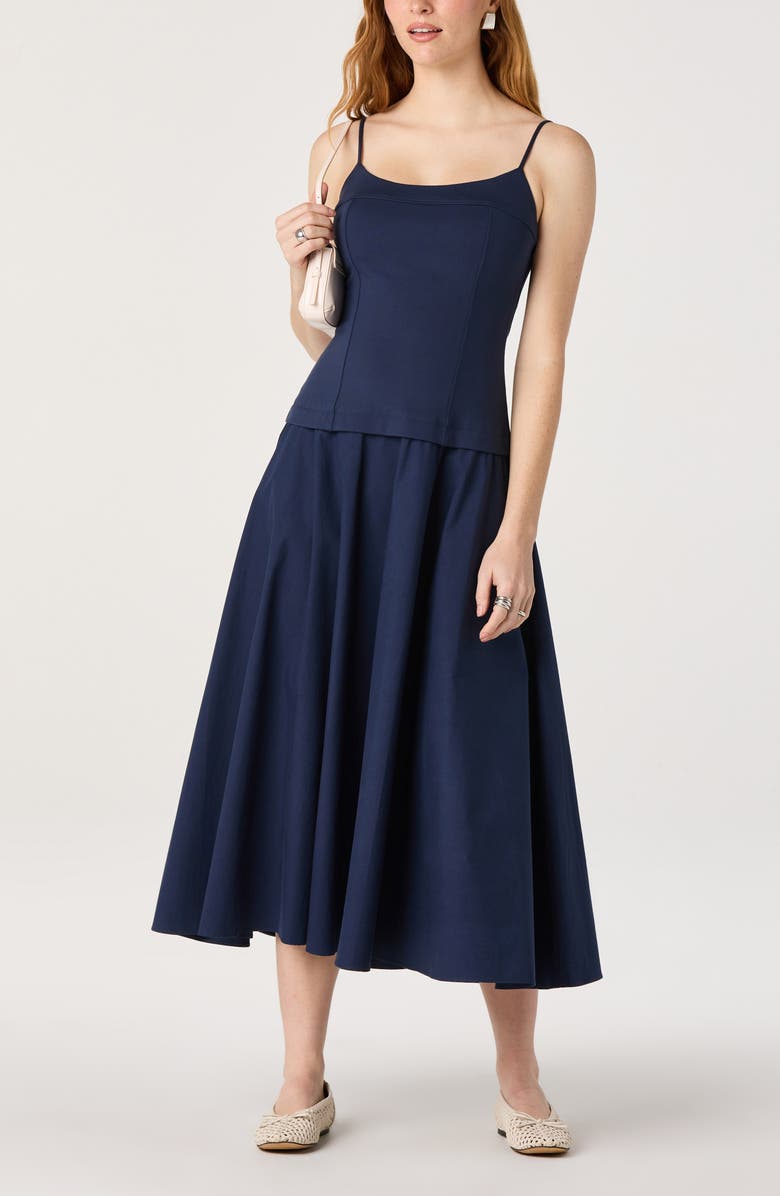 ASTR the Label Cierra Mixed Media Fit & Flare Midi Dress, Alternate, color, Navy