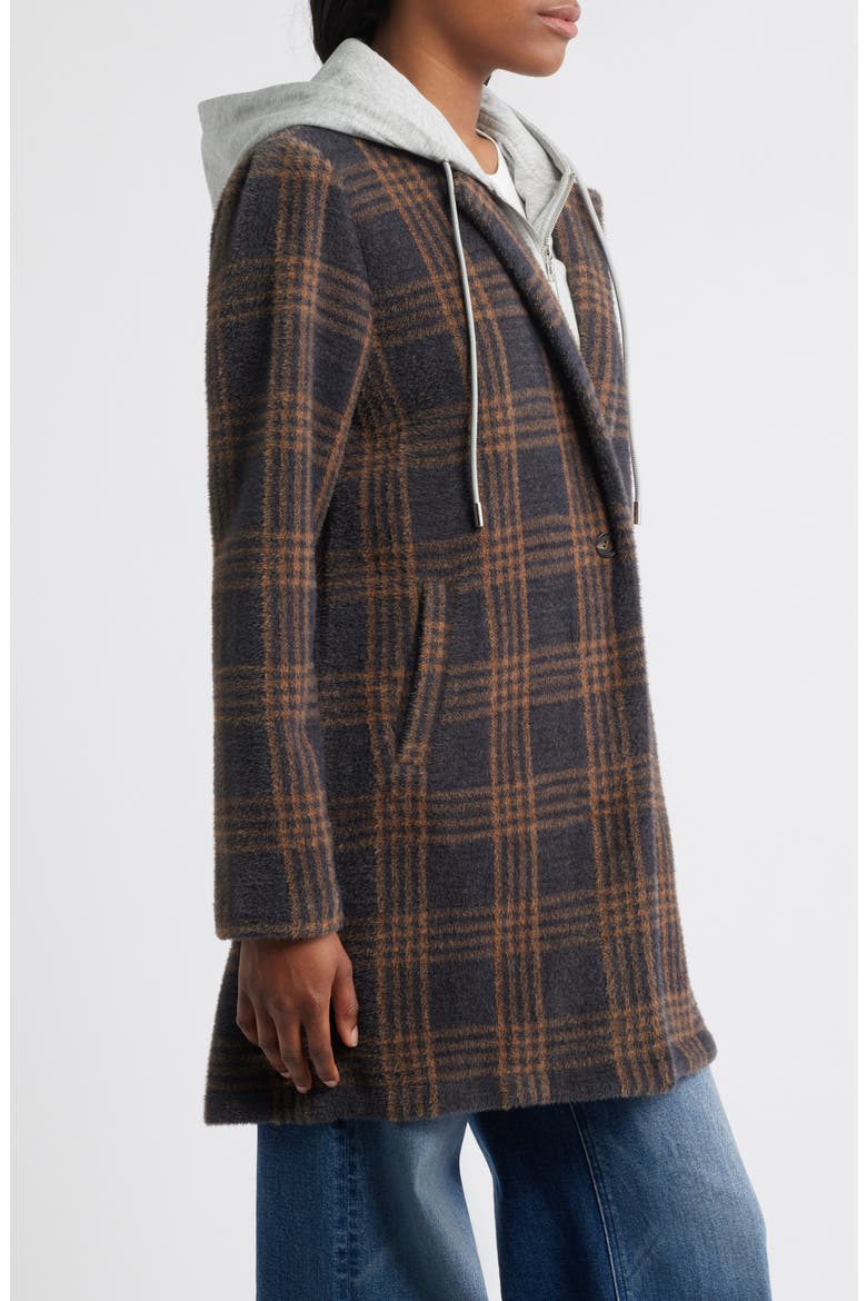 Plaid Coat with Bib Hoodie, Alternate, color, BLACK COPPER COMBO