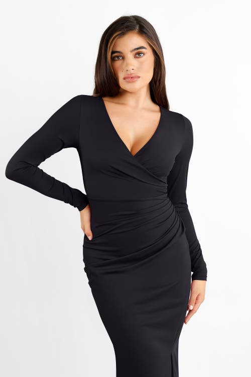 Popilush Shapewear Ruched Long Sleeve Faux Wrap Slimming Midi Dress In Midnight Black