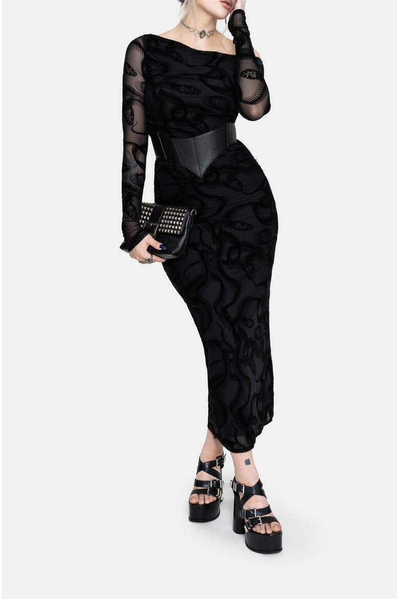 Paleo Flocked Mesh Maxi Dress, Alternate, color, Black