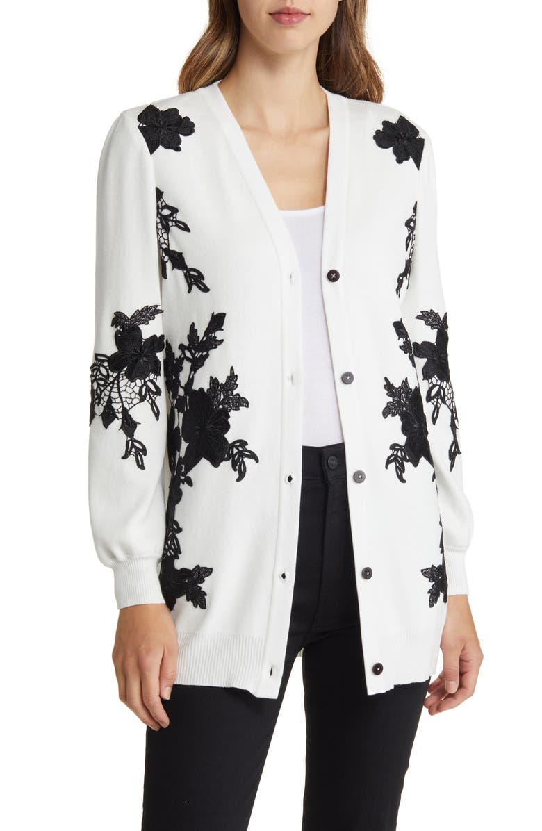 Misook Floral Appliqué Cardigan, Main, color, 