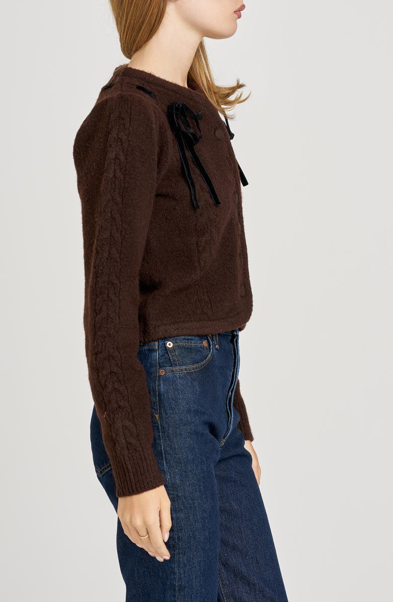 WAYF x Sara Walker Jackie Velvet Bow Cable Stitch Cardigan, Alternate, color, Espresso