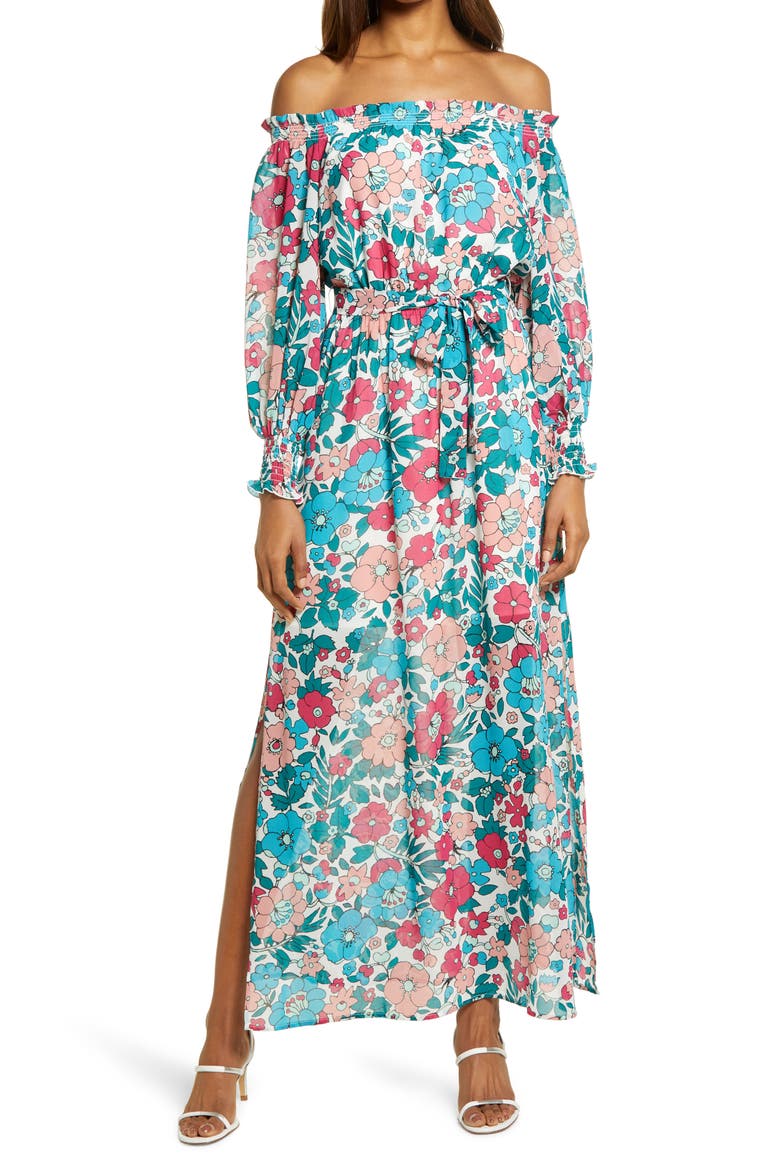 Floral Off the Shoulder Long Sleeve Maxi Dress, Main, color, HOT PINK VINTAGE FLORAL