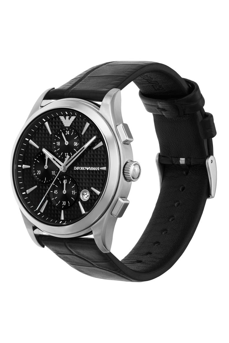 Chronograph Leather Strap Watch, 42mm, Alternate, color, SILVER