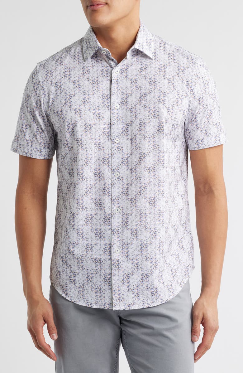Bugatchi Miles OoohCotton<sup>®</sup> Leaf Print Short Sleeve Button-Up Shirt, Main, color, Peacock