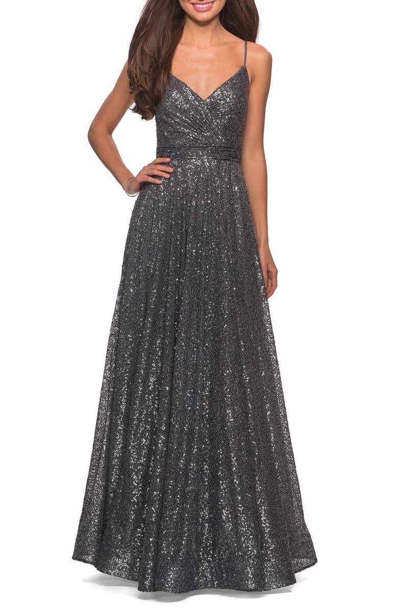 La Femme Sequin A-Line Gown, Main, color, 