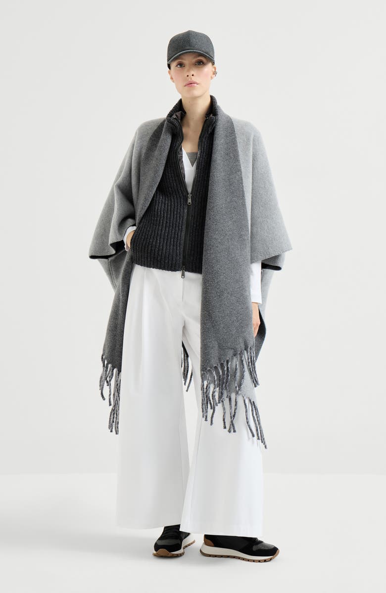 Brunello Cucinelli Wool and cashmere double knit poncho, Alternate, color, Medium Grey
