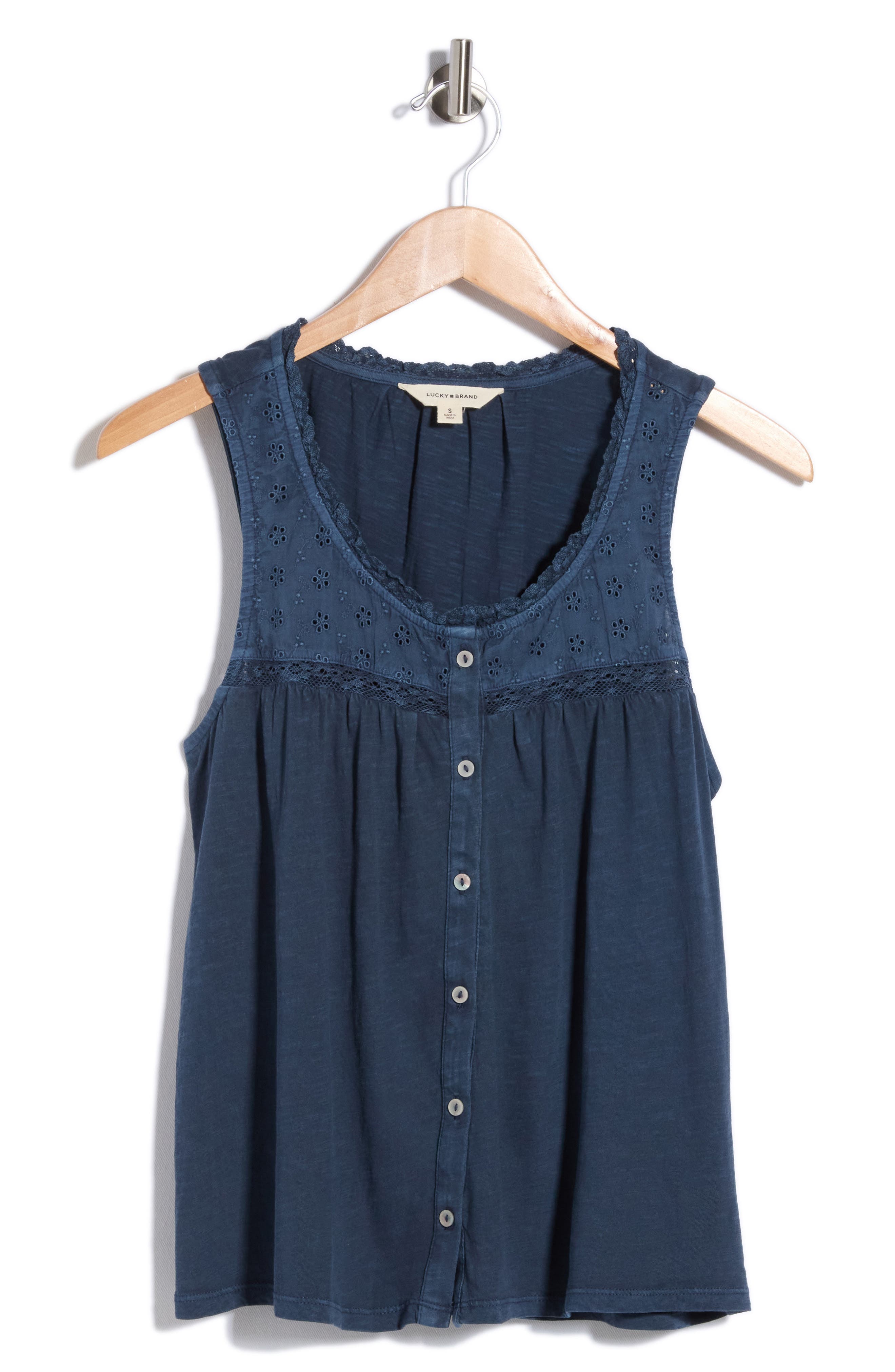 Lucky Brand Lace Trim Button Front Cotton Tank