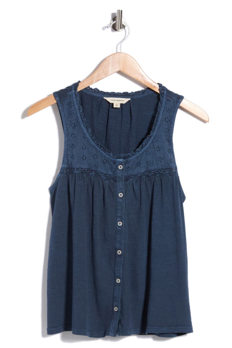Lace Trim Button Front Cotton Tank, Alternate, color, VINTAGE INDIGO