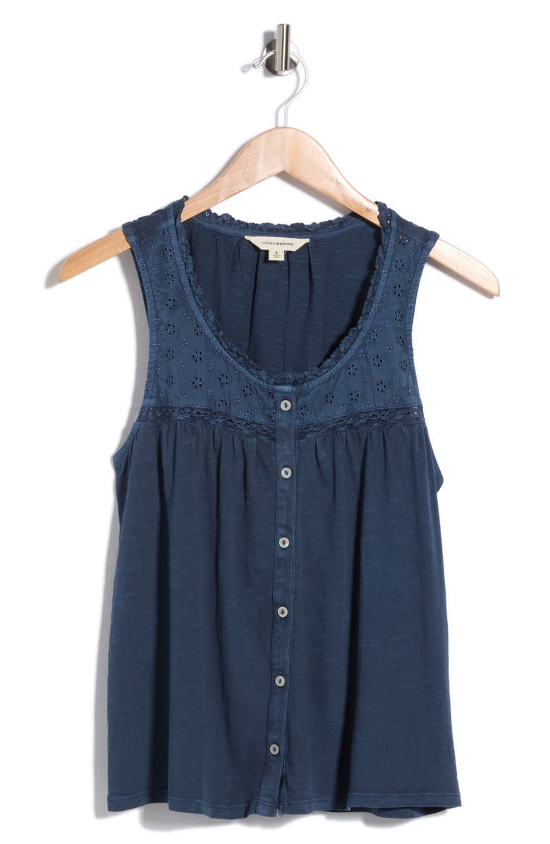 Lucky Brand Lace Trim Button Front Cotton Tank, Main, color, Vintage Indigo